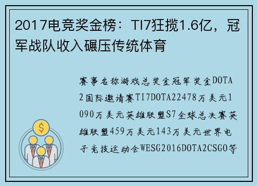 2017电竞奖金榜：TI7狂揽1.6亿，冠军战队收入碾压传统体育