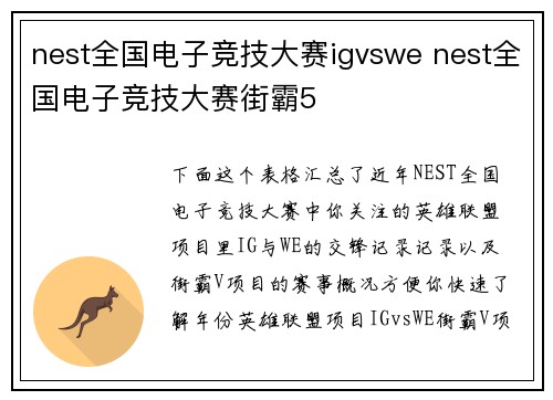 nest全国电子竞技大赛igvswe nest全国电子竞技大赛街霸5